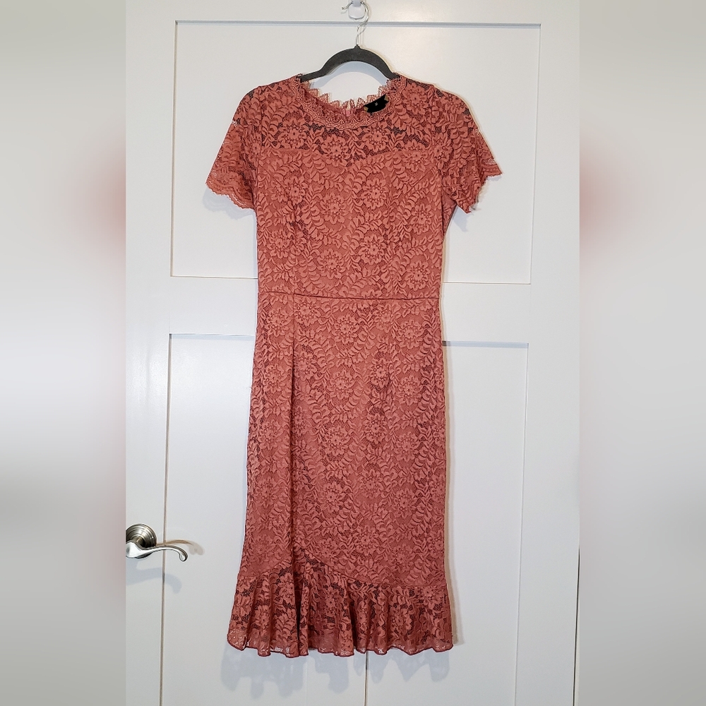 MIUSOL Floral Lace Overlay Midi Dress Mermaid Hem Dusty Pink Medium